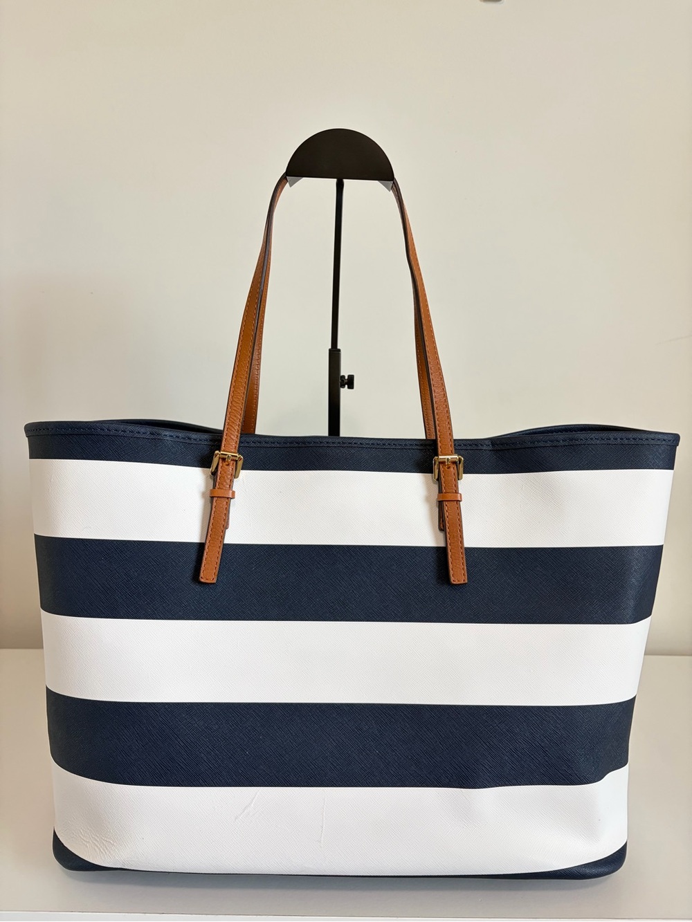 Michael Kors Jet Set Travel Navy & White Striped Tote with Brown Leather Straps - Picture 5 of 9